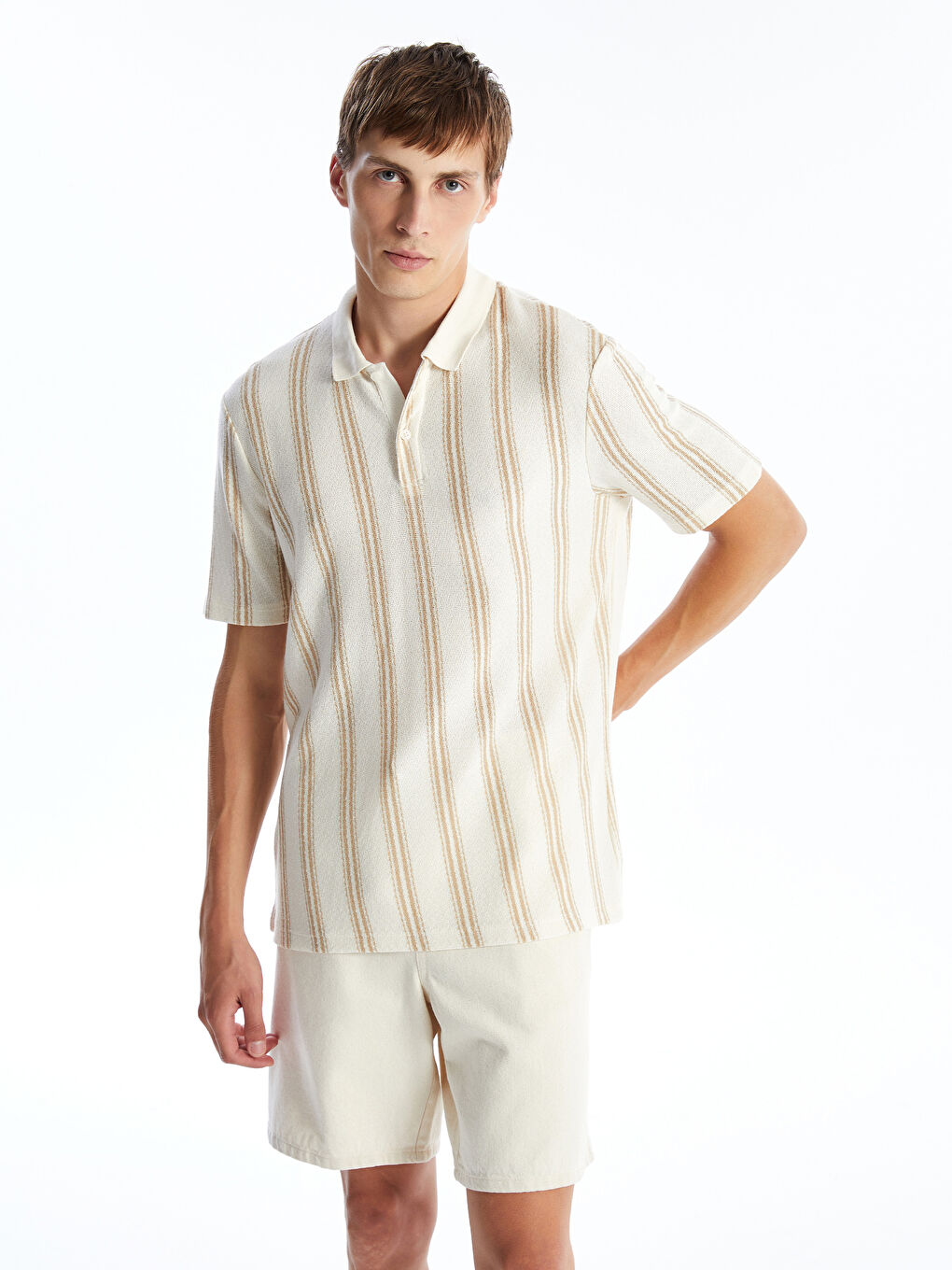 Bej Polo Yaka Kısa Kollu Çizgili Erkek Tişört