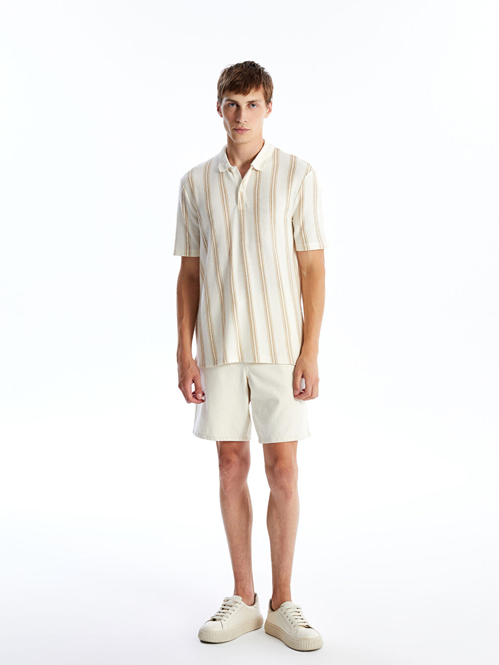 Bej Polo Yaka Kısa Kollu Çizgili Erkek Tişört-1