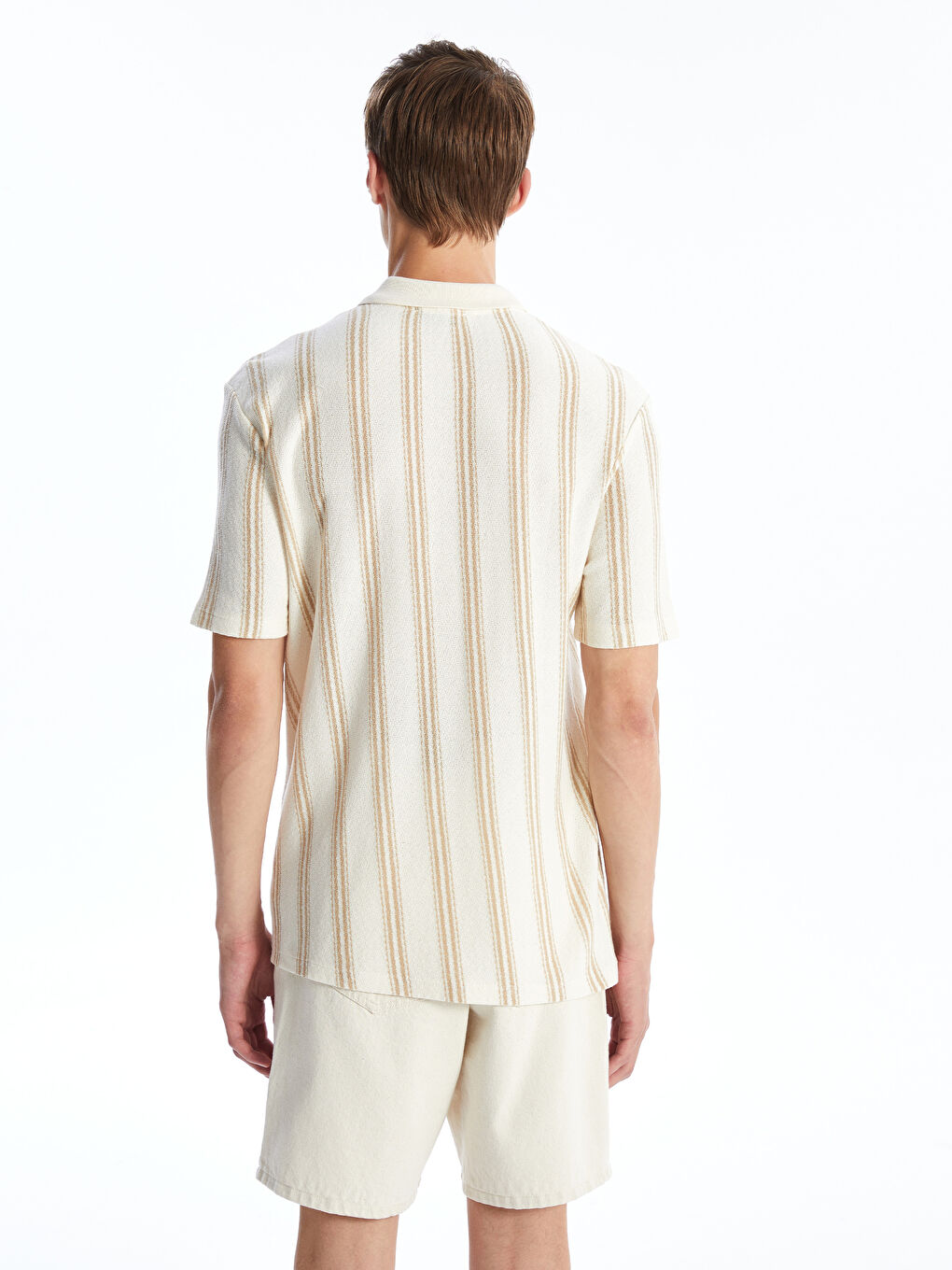 Bej Polo Yaka Kısa Kollu Çizgili Erkek Tişört-3