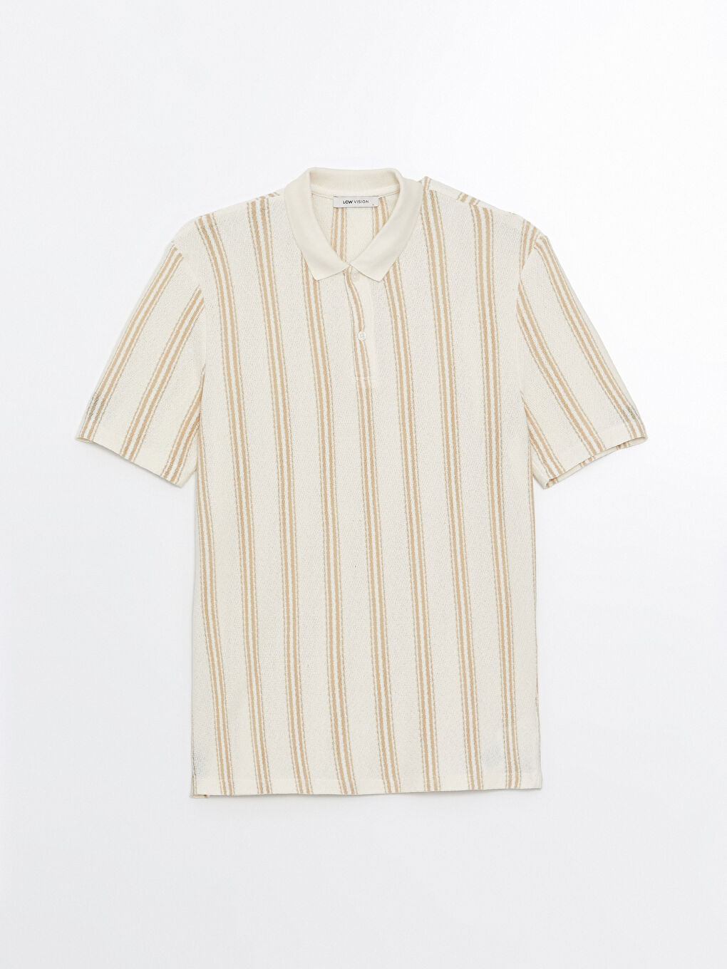 Bej Polo Yaka Kısa Kollu Çizgili Erkek Tişört-4