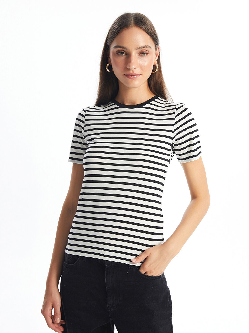Crew Neck Striped Short Sleeve Women's T-Shirt -S4OJ65Z8-LEG