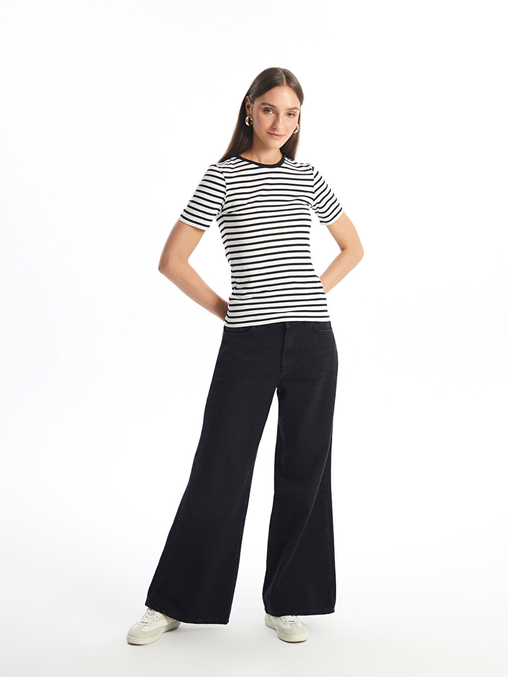 Crew Neck Striped Short Sleeve Women's T-Shirt -S4OJ65Z8-LEG