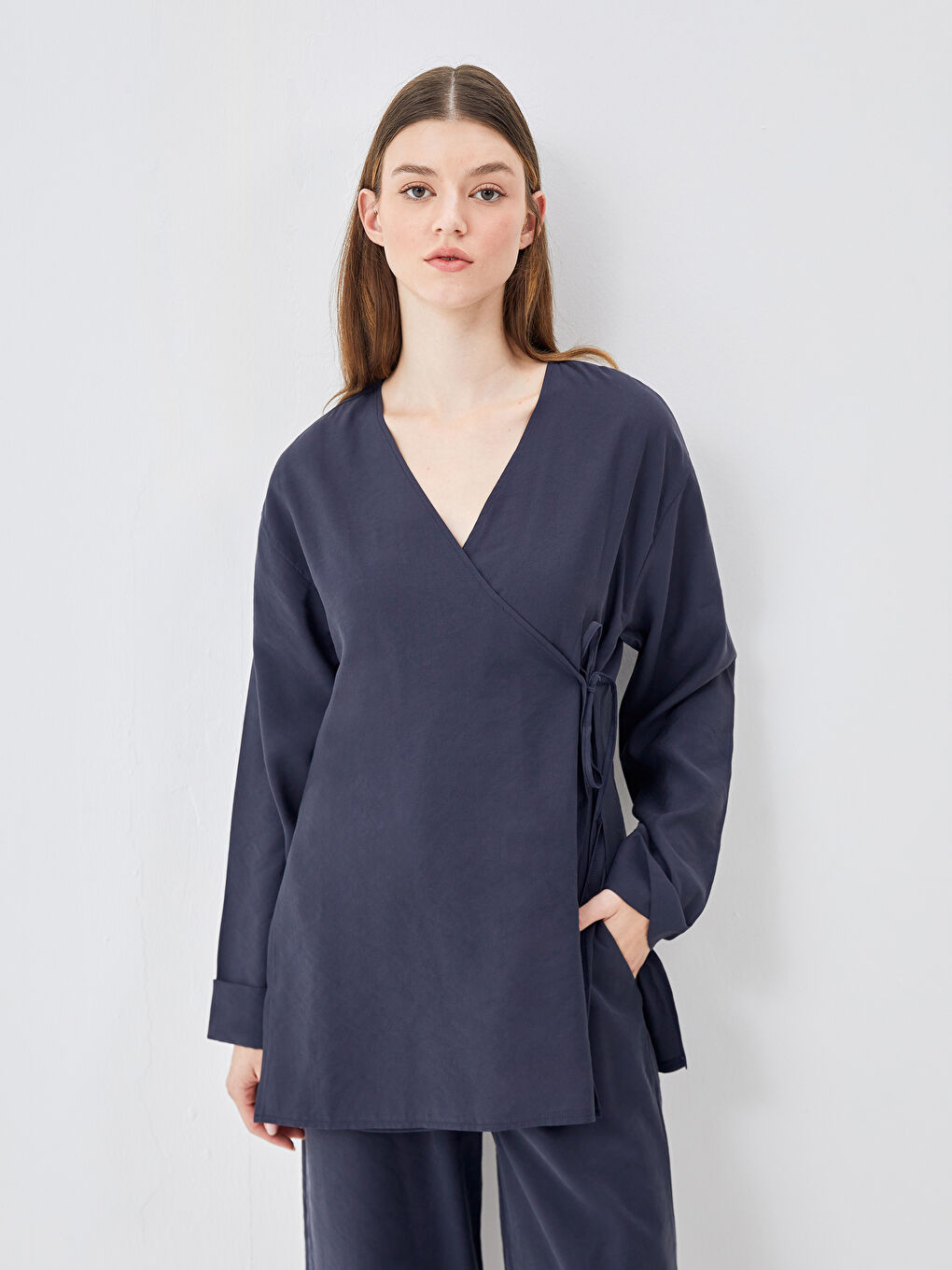 Lacivert Kruvaze Yaka Kadın Kimono