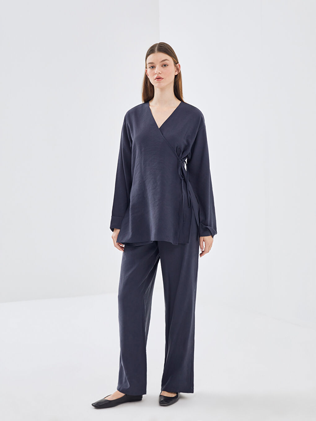 Lacivert Kruvaze Yaka Kadın Kimono-1