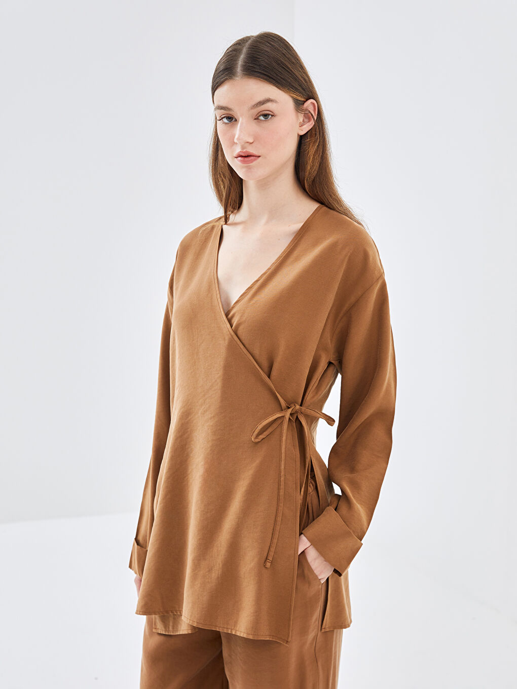 Kahverengi Kruvaze Yaka Kadın Kimono