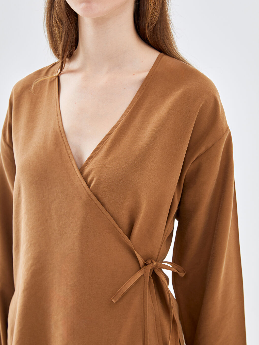 Kahverengi Kruvaze Yaka Kadın Kimono-2