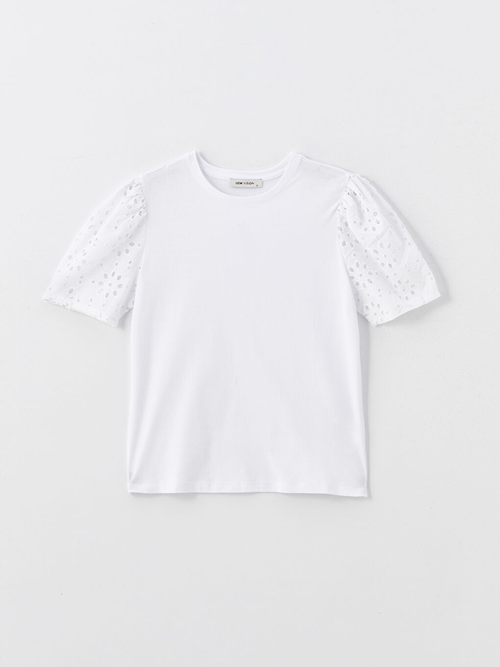 Beyaz Bisiklet Yaka Kendinden Desenli Kısa Kollu Kadın Bluz-4