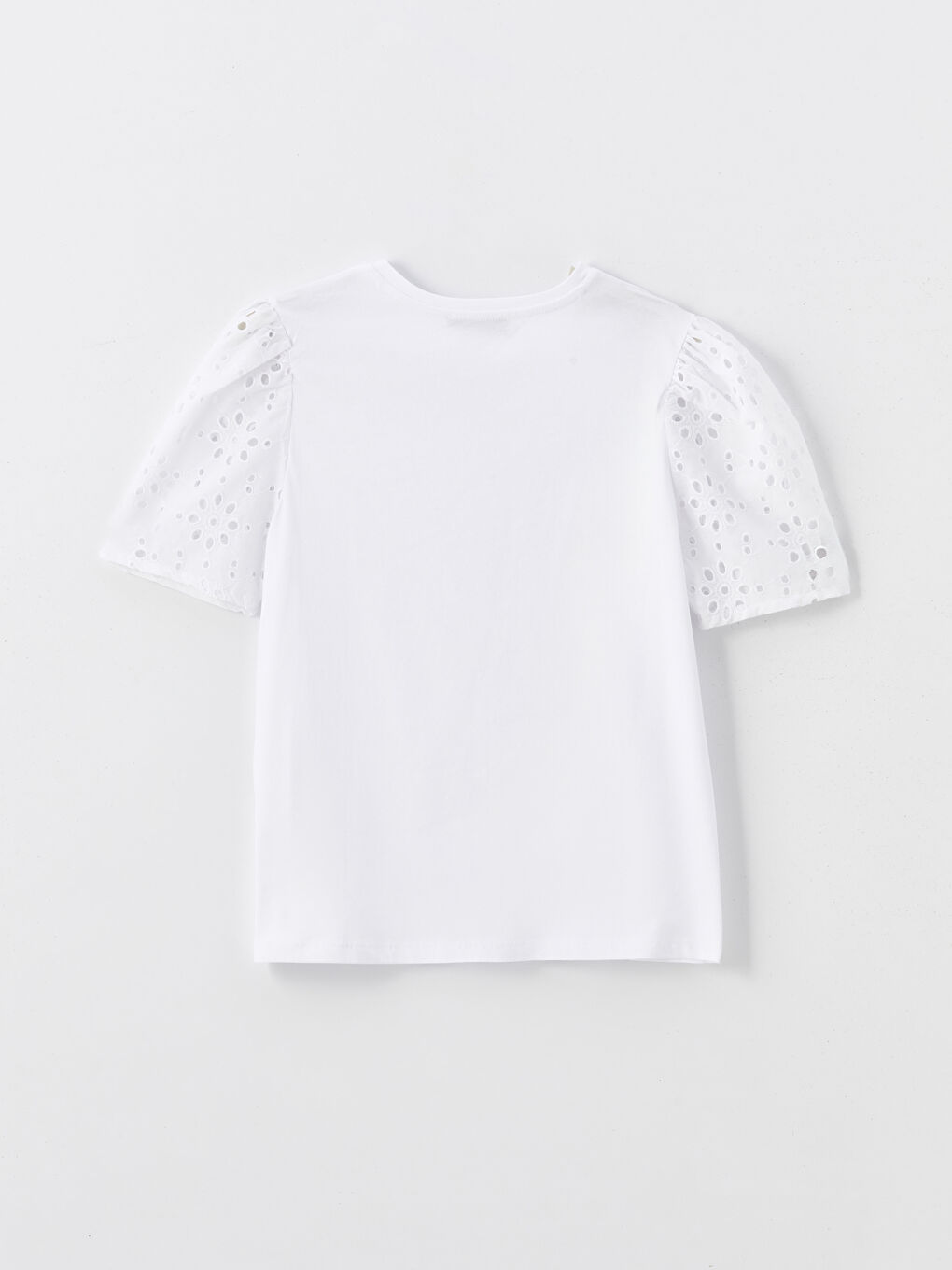 Beyaz Bisiklet Yaka Kendinden Desenli Kısa Kollu Kadın Bluz-5