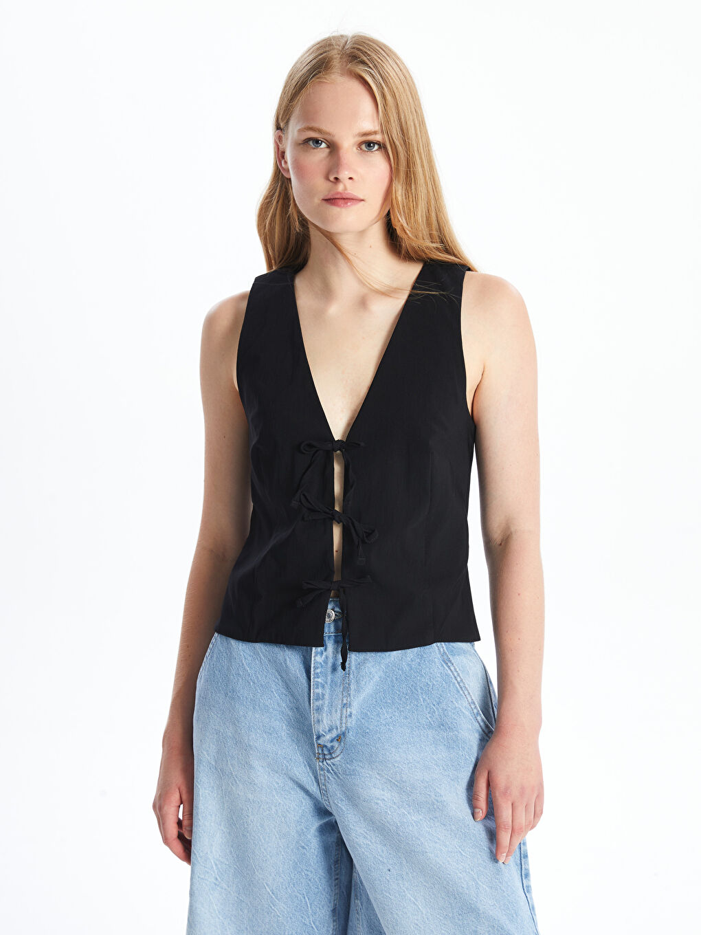 V Neck Plain Poplin Women's Vest -S4OL77Z8-CVL