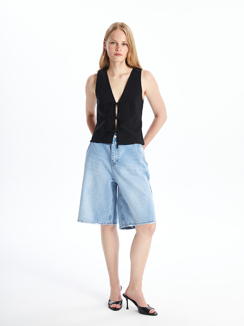 V Neck Plain Poplin Women's Vest -S4OL77Z8-CVL