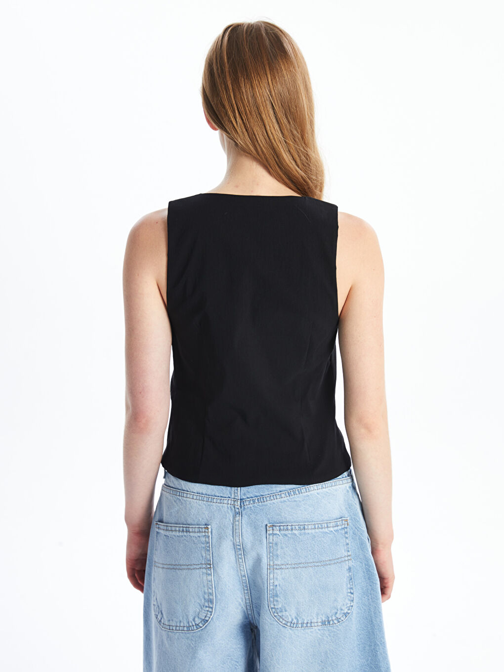 V Neck Plain Poplin Women's Vest -S4OL77Z8-CVL