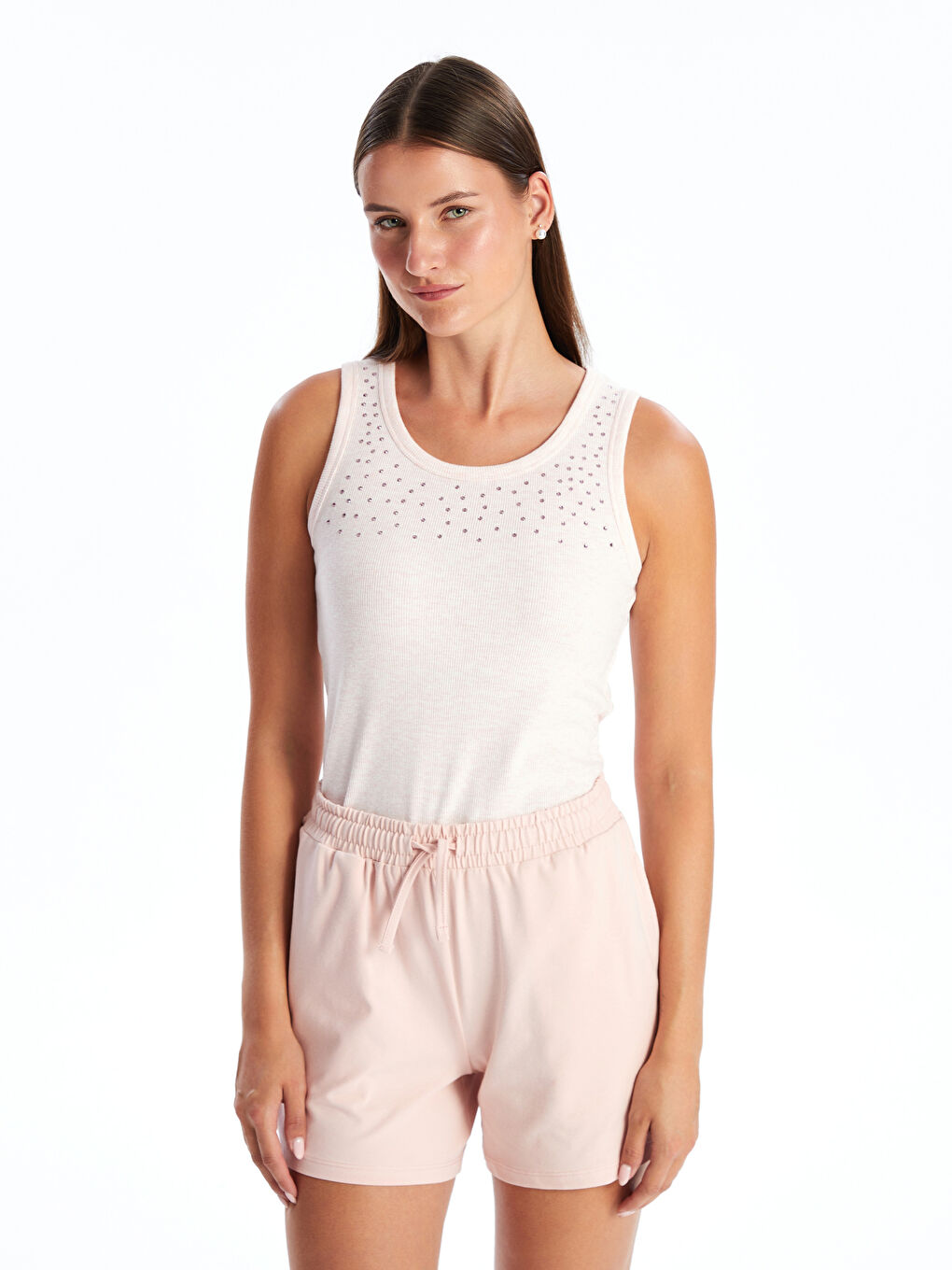 Pembe Bisiklet Yaka Parlak Taşlı Kadın Atlet