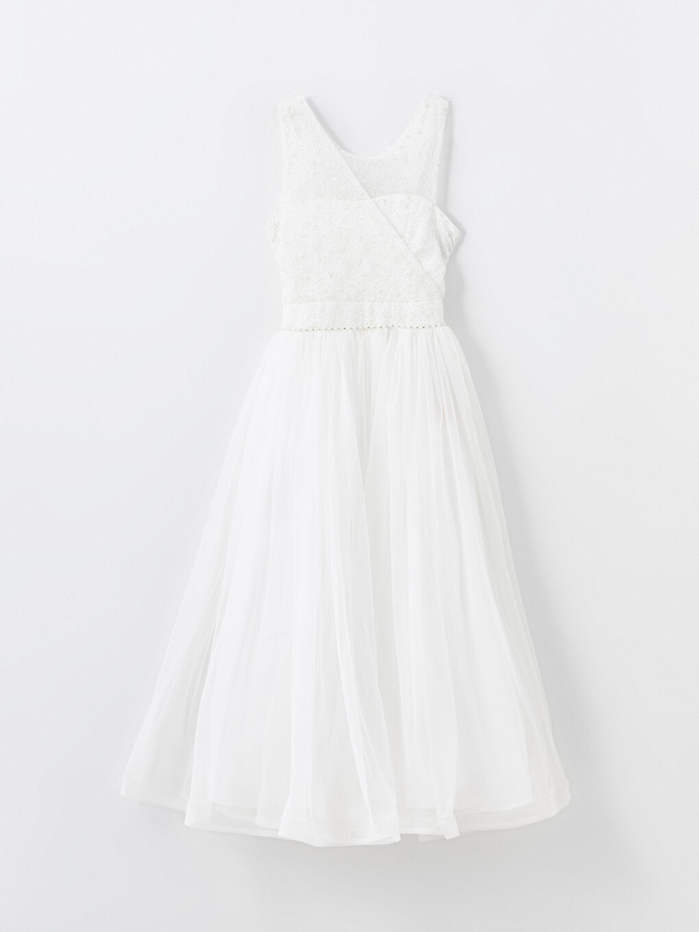 Beyaz Bisiklet Yaka Kız Çocuk Abiye Elbise