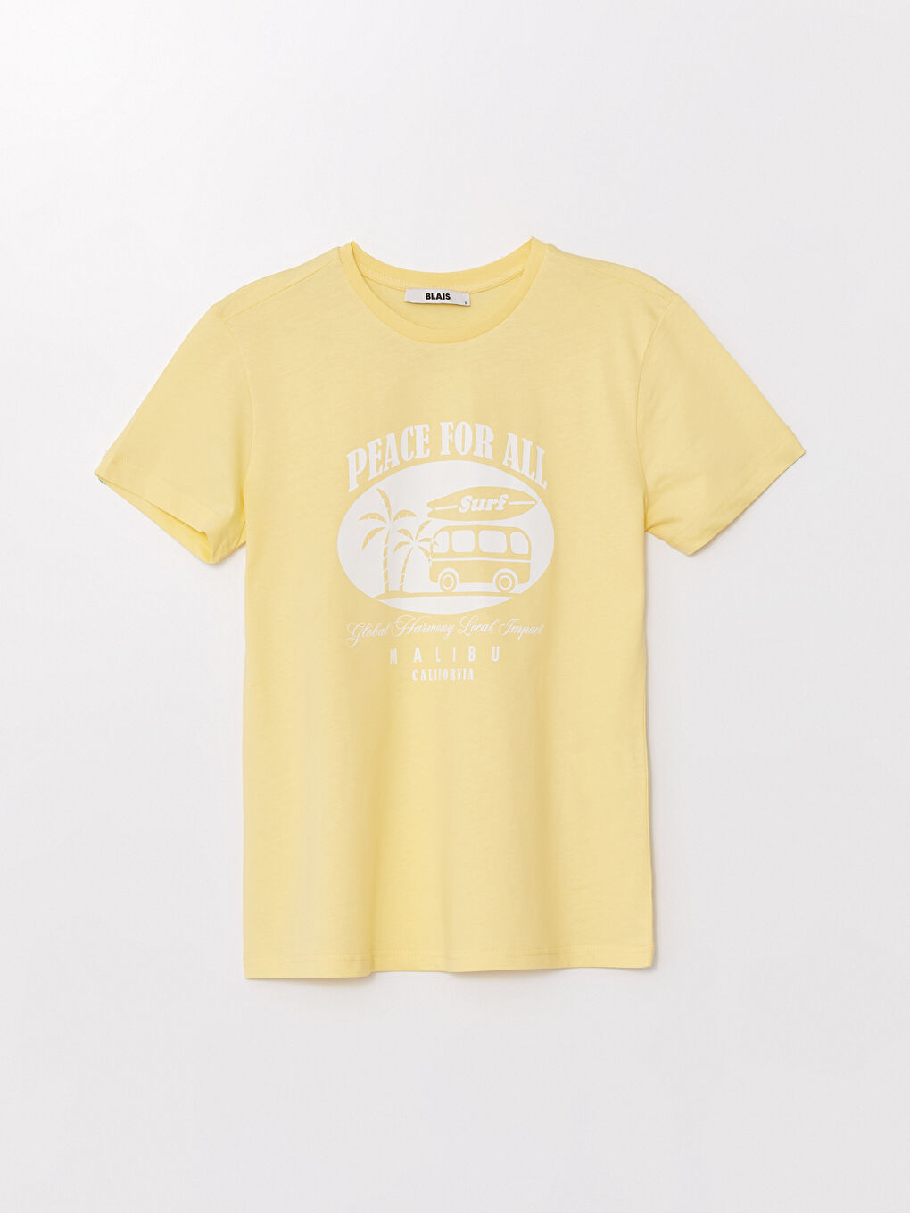 Sarı Bisiklet Yaka Baskılı Kısa Kollu Kadın Tişört-4