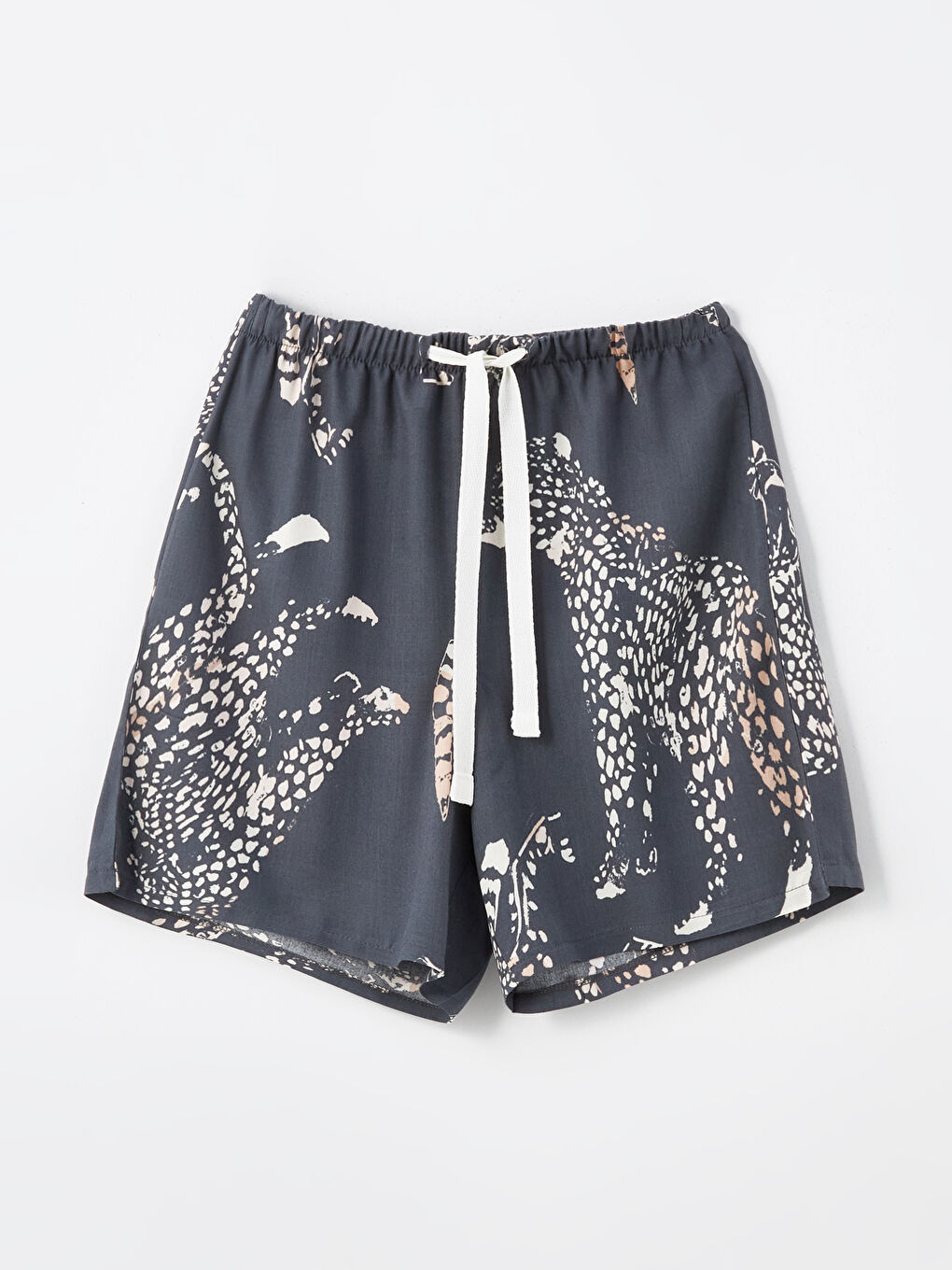 Gri Beli Lastikli Leopar Baskılı Kadın Şort Pijama Altı