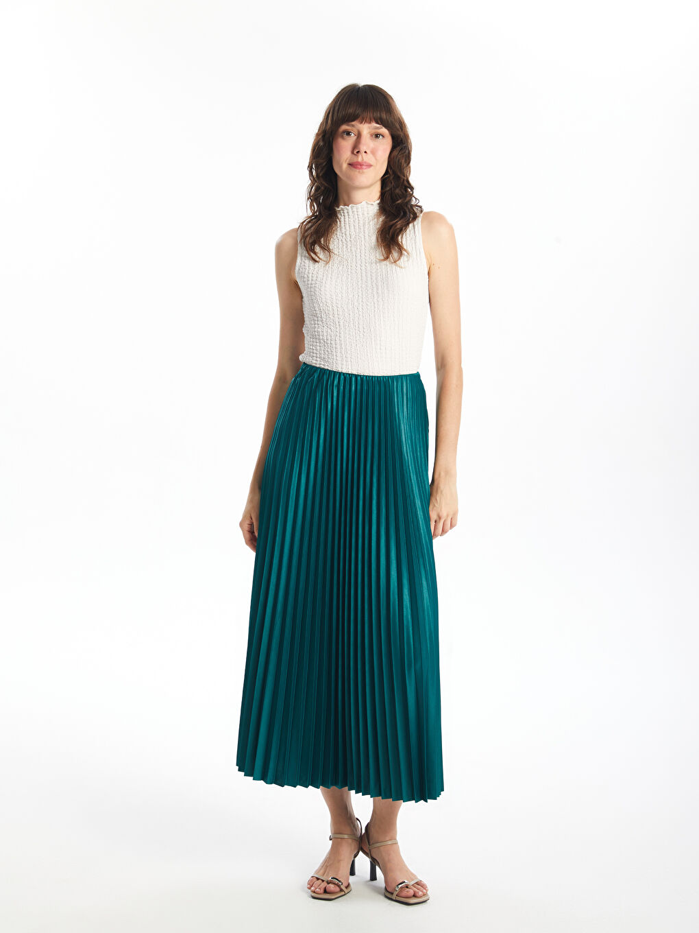 Women's Elastic Waist Plain Pleated Satin Skirt -S4OO30Z8-YDL