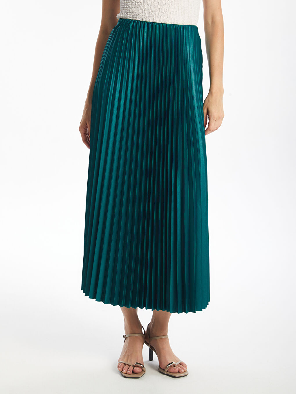 Women's Elastic Waist Plain Pleated Satin Skirt -S4OO30Z8-YDL
