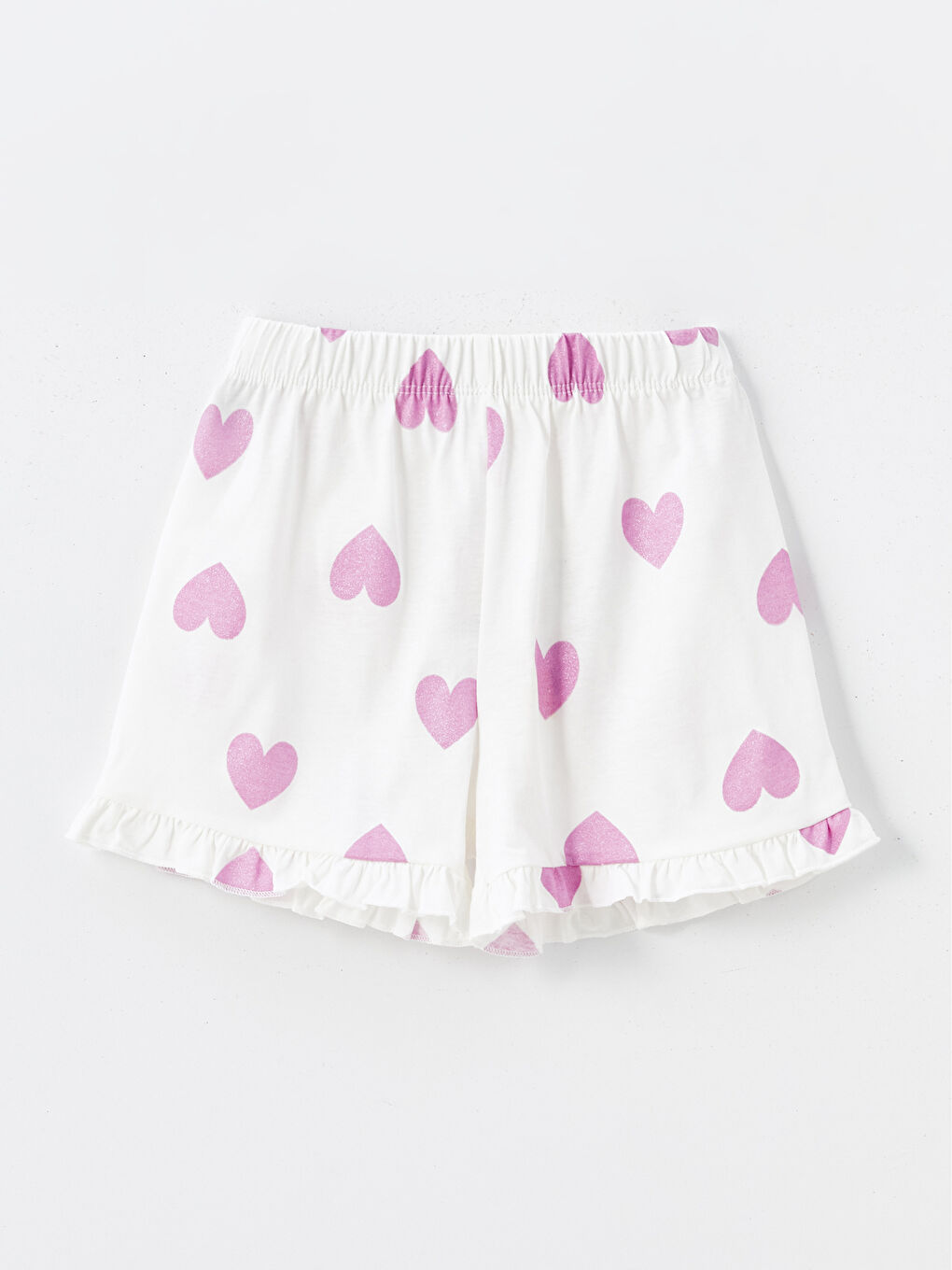 Ekru Beli Lastikli Kalp Baskılı Fırfırlı Kız Çocuk Şort