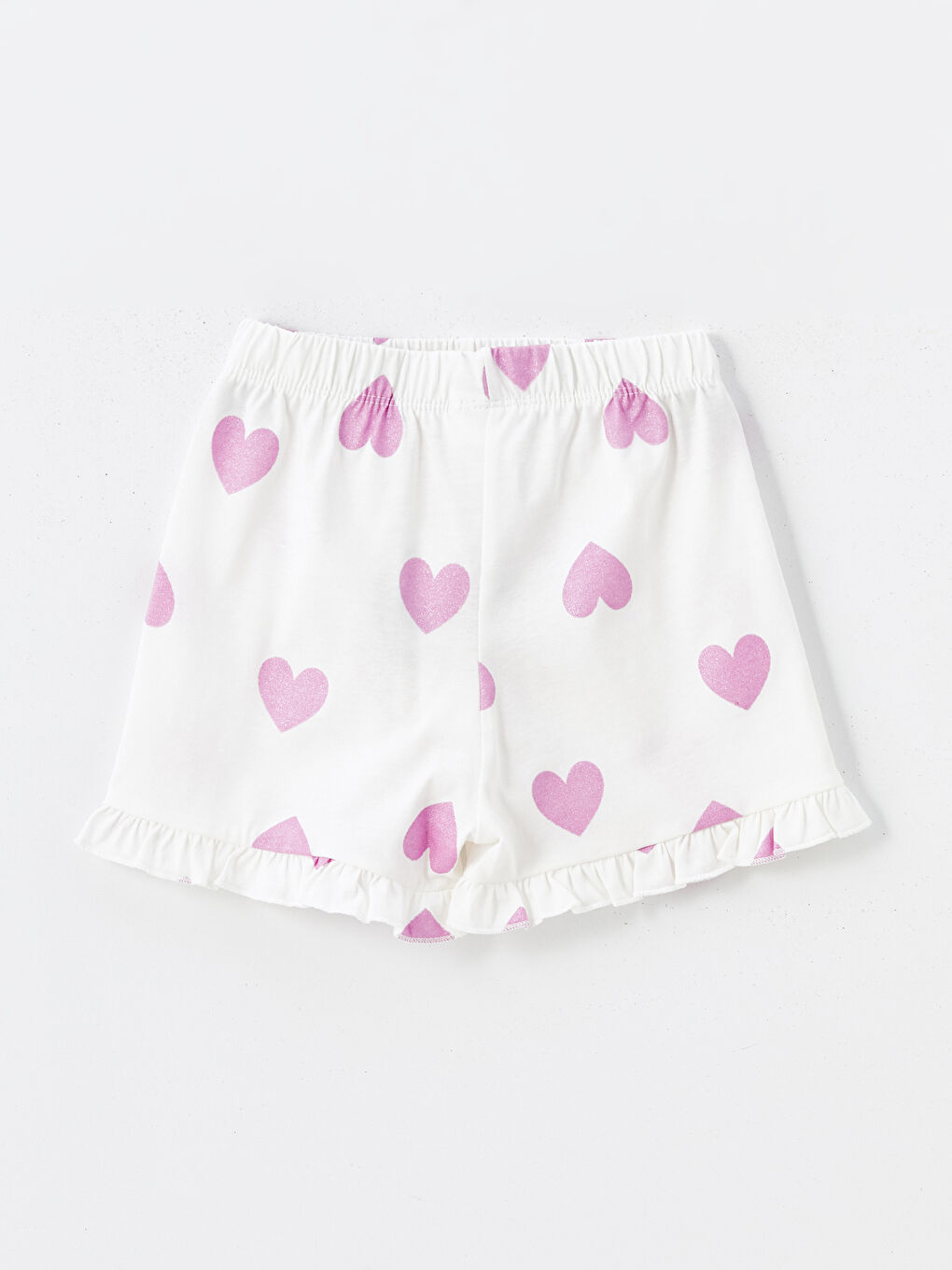 Ekru Beli Lastikli Kalp Baskılı Fırfırlı Kız Çocuk Şort-1