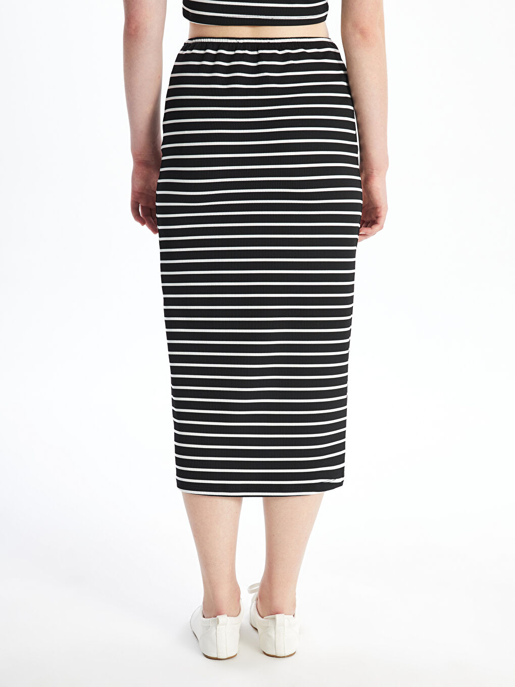Siyah Dar Fit Çizgili Kadın Etek-3