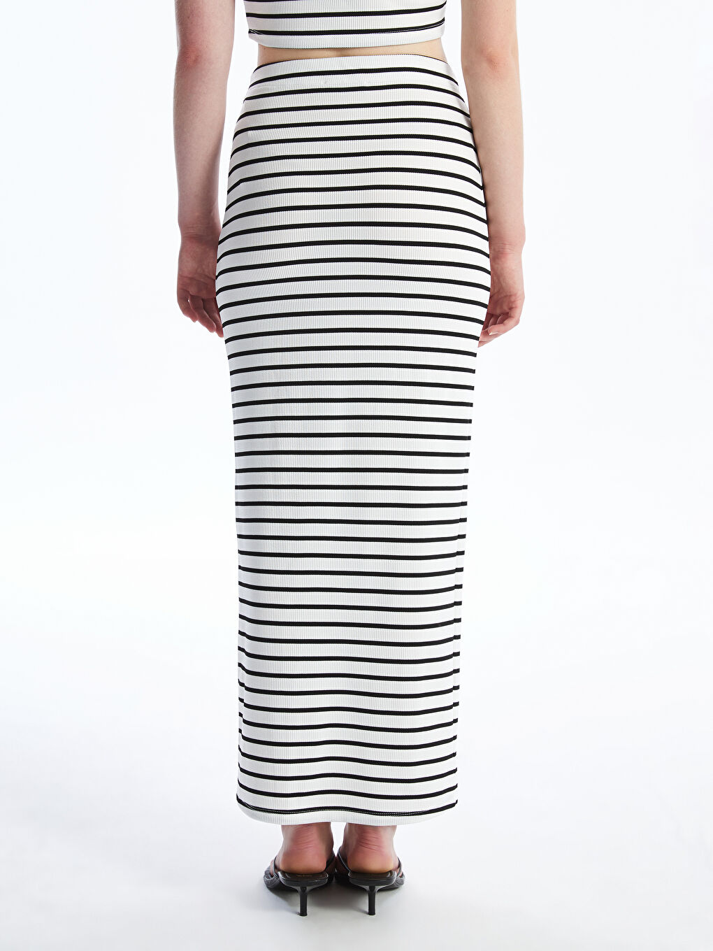 Beyaz Dar Fit Çizgili Kadın Etek-3