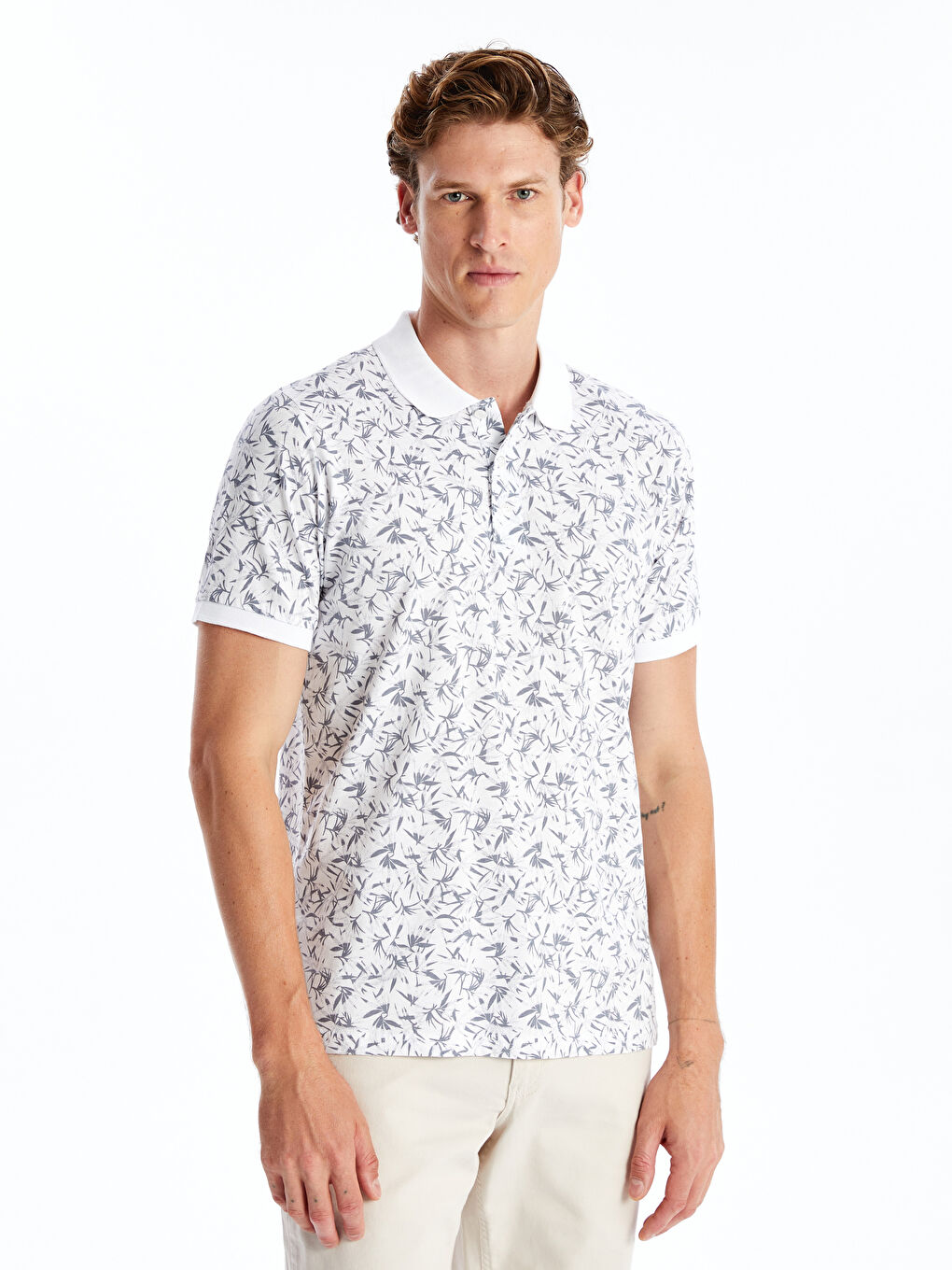 Polo Neck Short Sleeve Patterned Combed Cotton Men's T-Shirt -S4OP34Z8-LU7