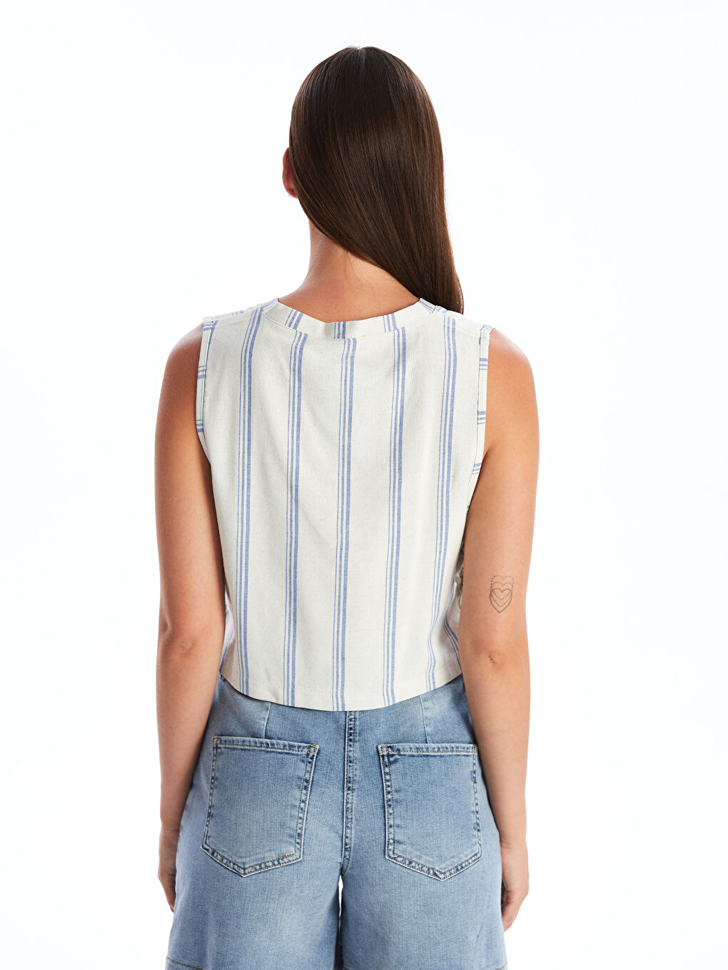 Bej V Yaka Çizgili Kadın Bluz-3