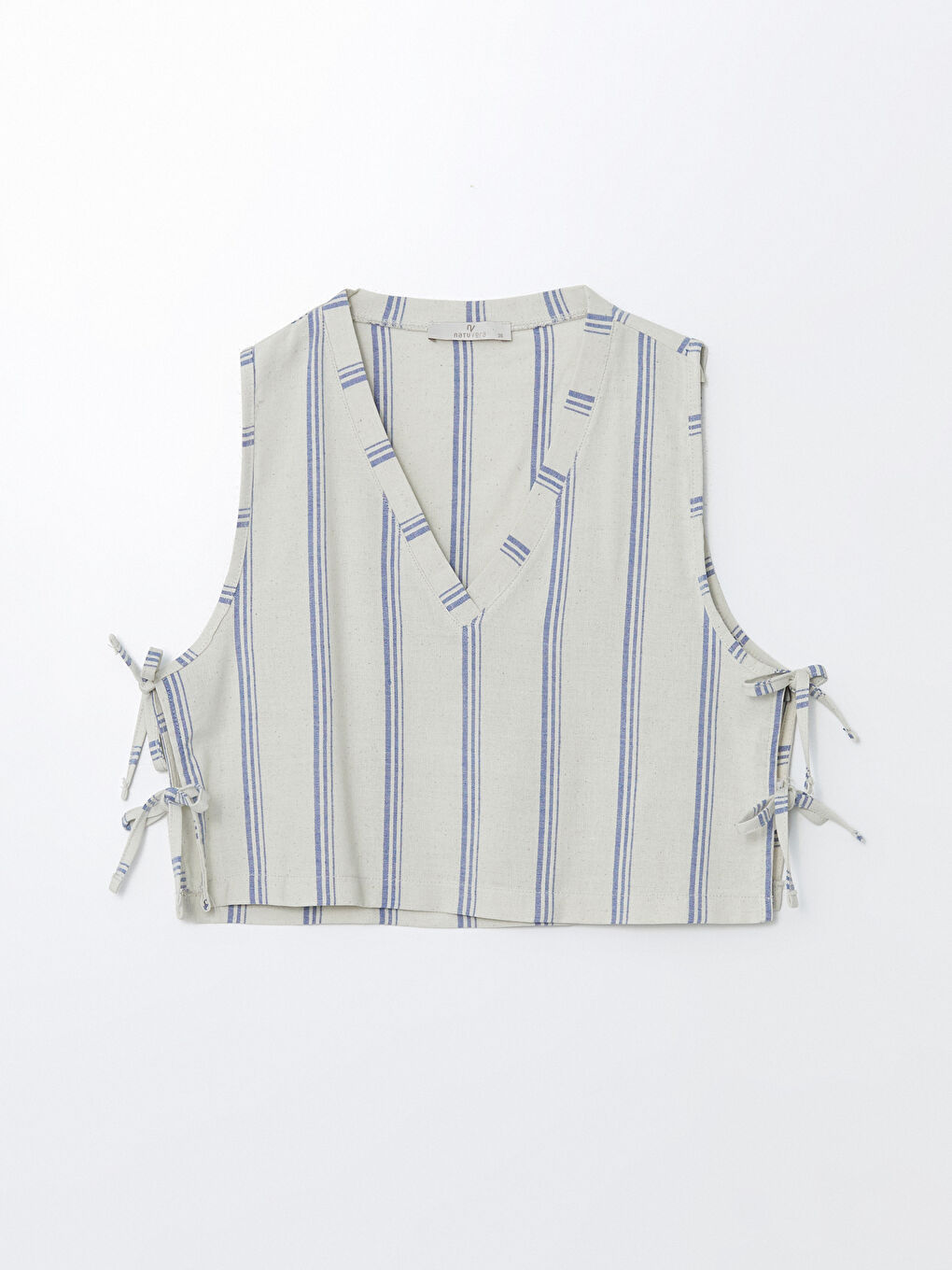 Bej V Yaka Çizgili Kadın Bluz-4