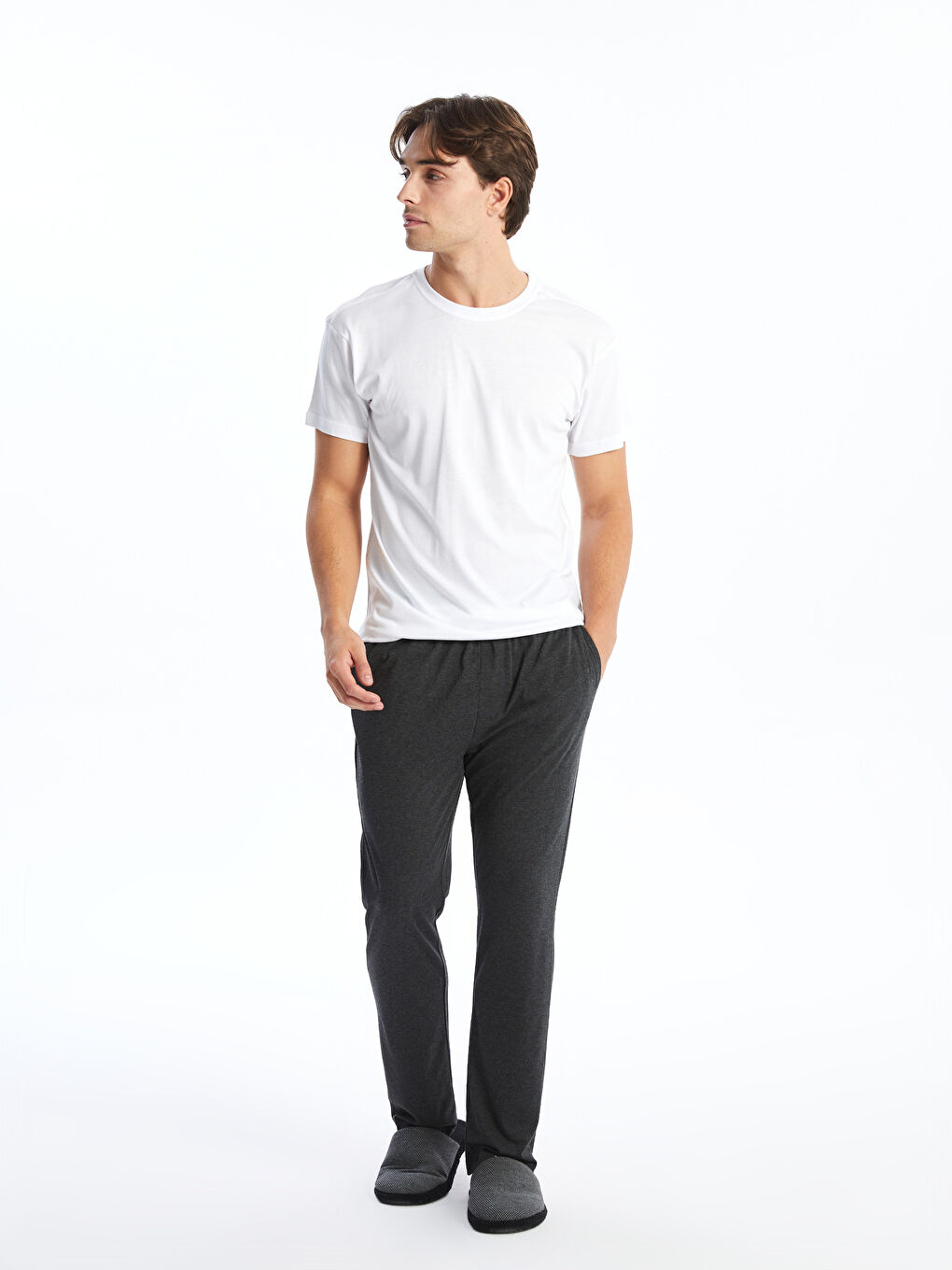 Beyaz Bisiklet Yaka Kısa Kollu Erkek Pijama Üst-1