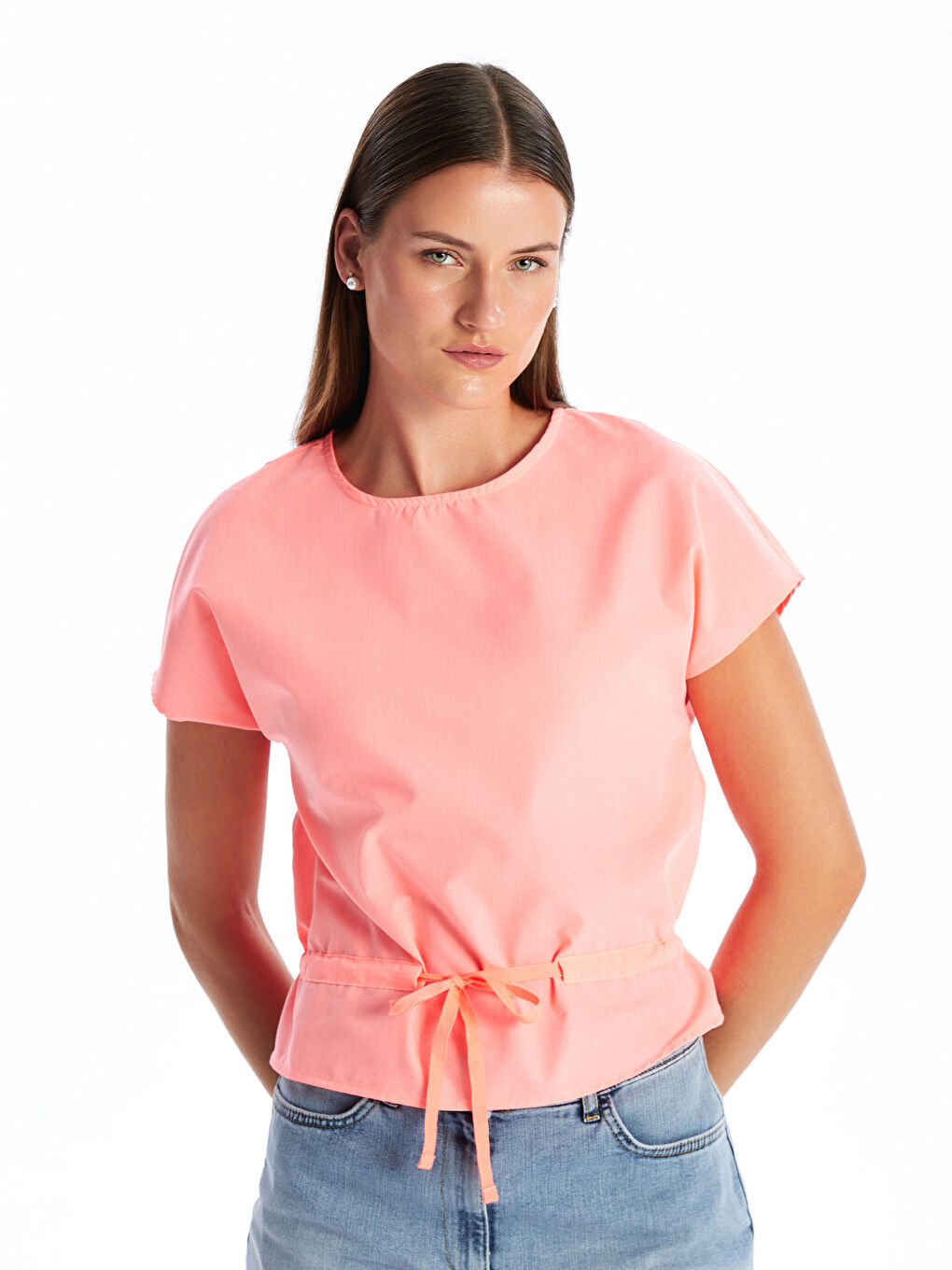Natuvera Pembe Bisiklet Yaka Düz Kısa Kollu Poplin Kadın Bluz