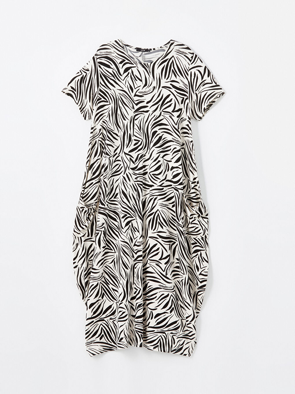 Siyah Bisiklet Yaka Desenli Kısa Kollu Kadın Elbise-4