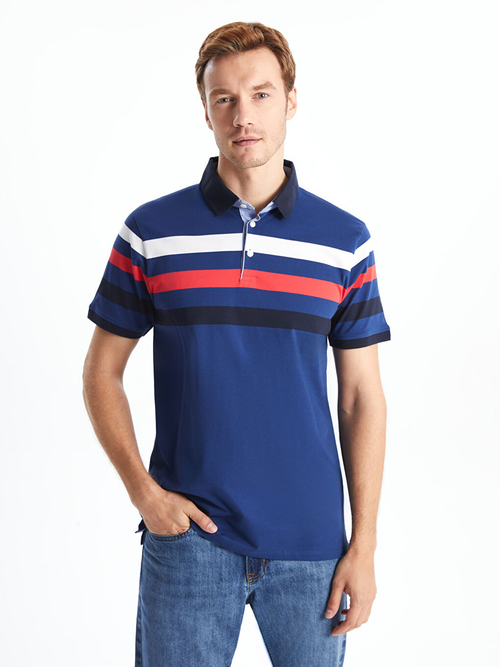 İndigo Polo Yaka Kısa Kollu Çizgili Pike Erkek Tişört