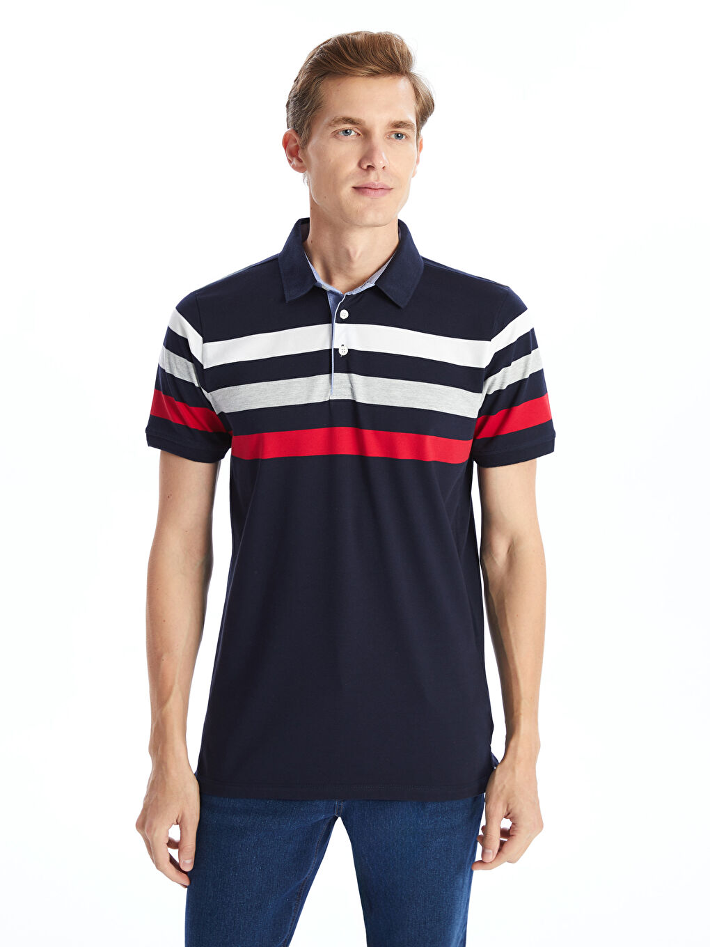 Lacivert Polo Yaka Kısa Kollu Çizgili Pike Erkek Tişört