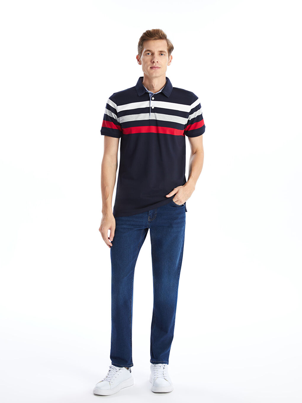 Lacivert Polo Yaka Kısa Kollu Çizgili Pike Erkek Tişört-1