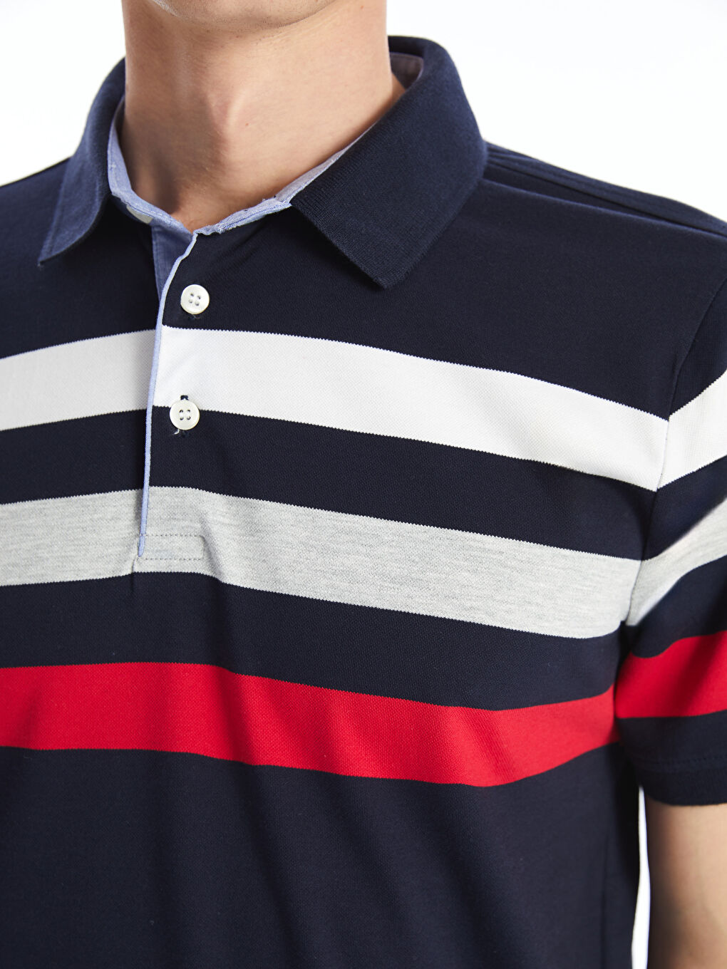Lacivert Polo Yaka Kısa Kollu Çizgili Pike Erkek Tişört-2