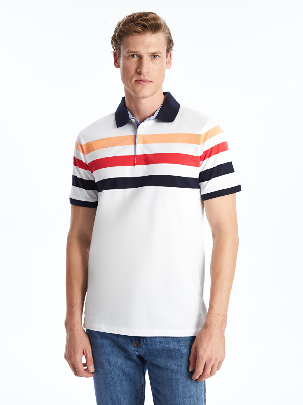Beyaz Polo Yaka Kısa Kollu Çizgili Pike Erkek Tişört
