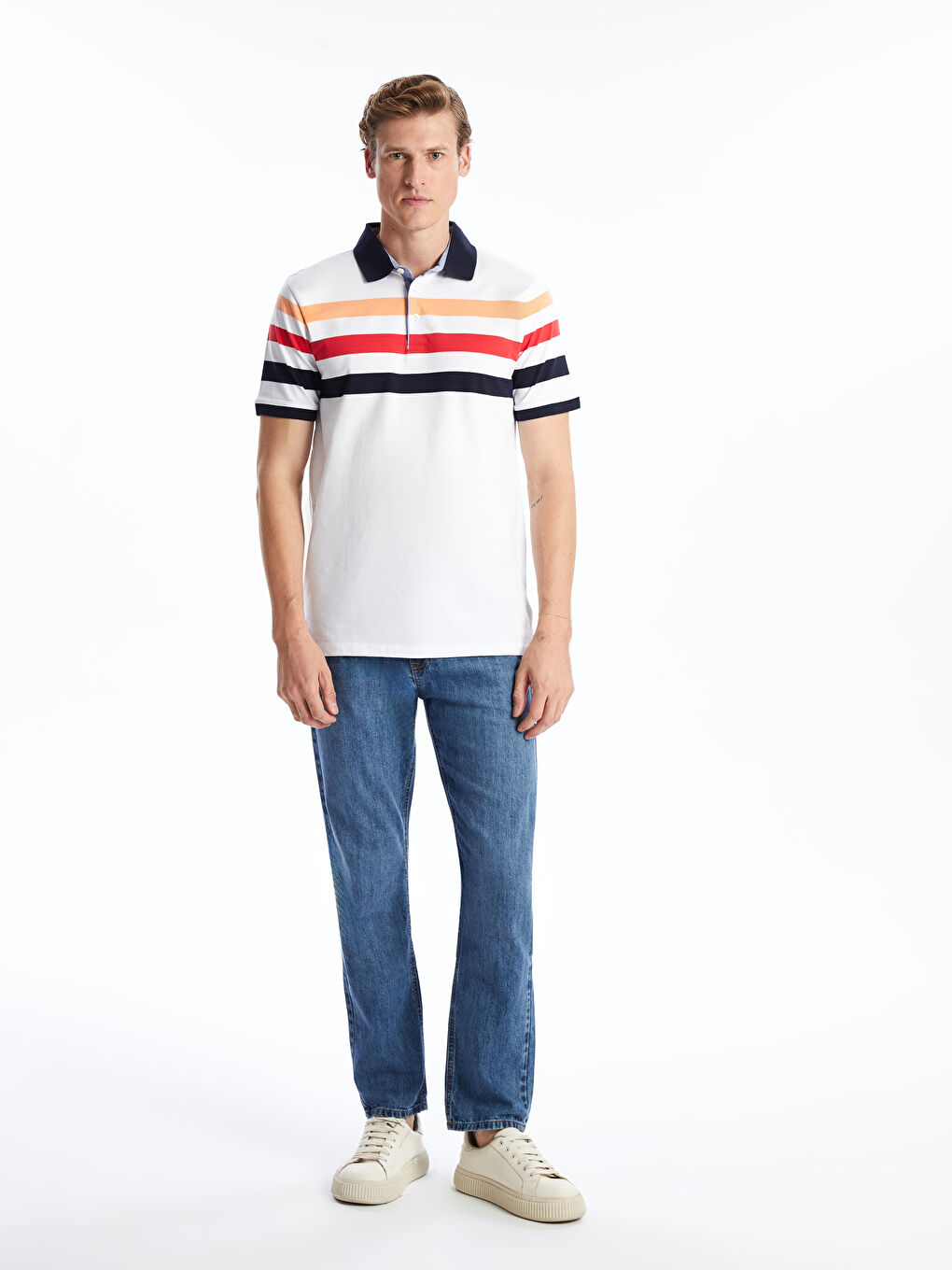 Beyaz Polo Yaka Kısa Kollu Çizgili Pike Erkek Tişört-1