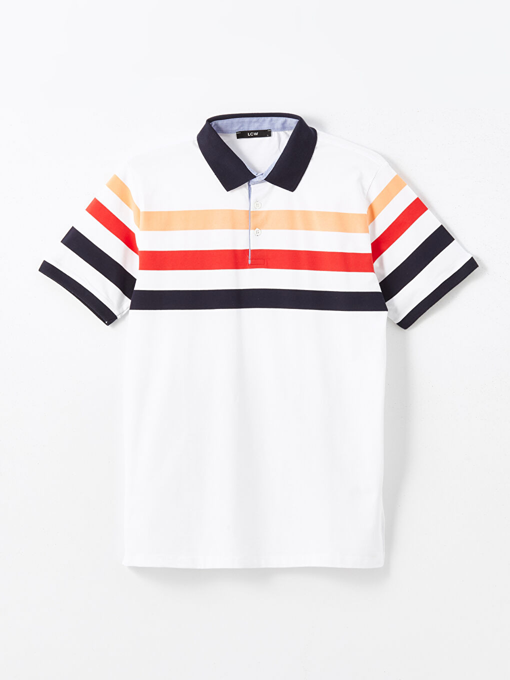 Beyaz Polo Yaka Kısa Kollu Çizgili Pike Erkek Tişört-4