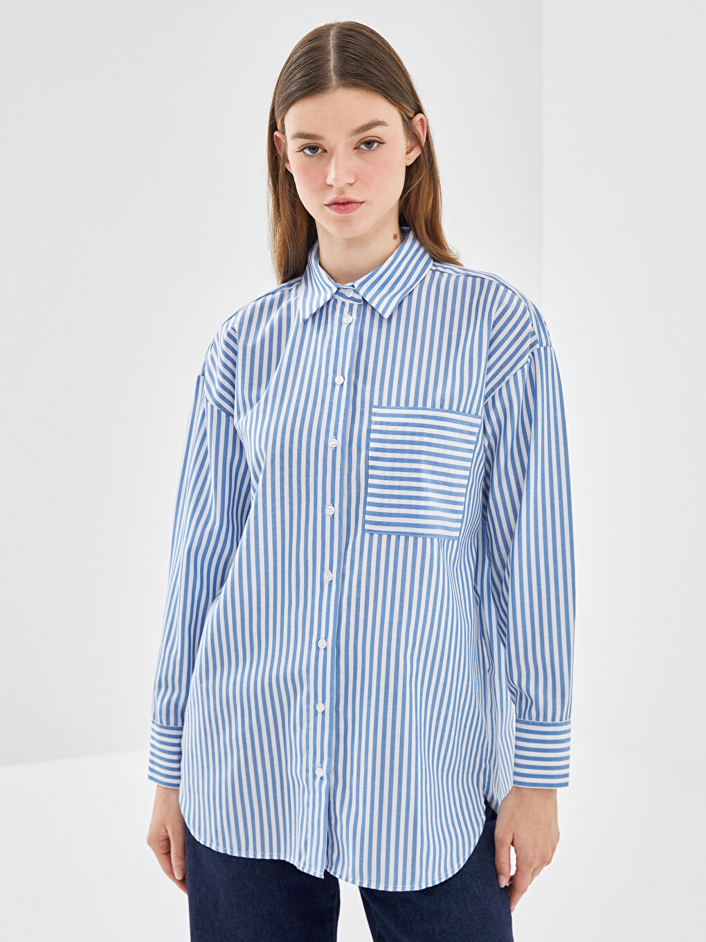 LCW Modest Mavi Çizgili Oversize Kadın Gömlek Tunik