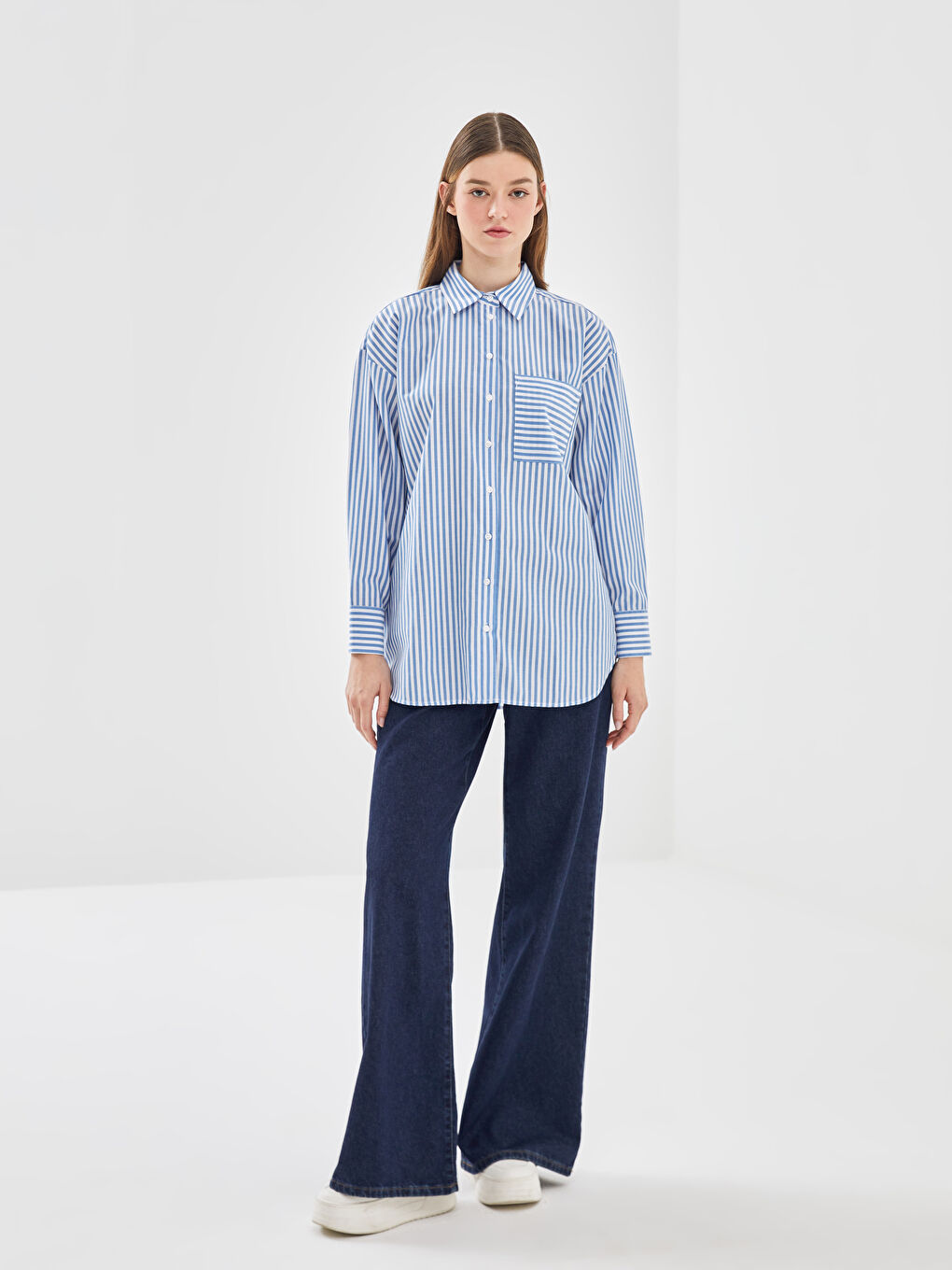 LCW Modest Mavi Çizgili Oversize Kadın Gömlek Tunik - 1