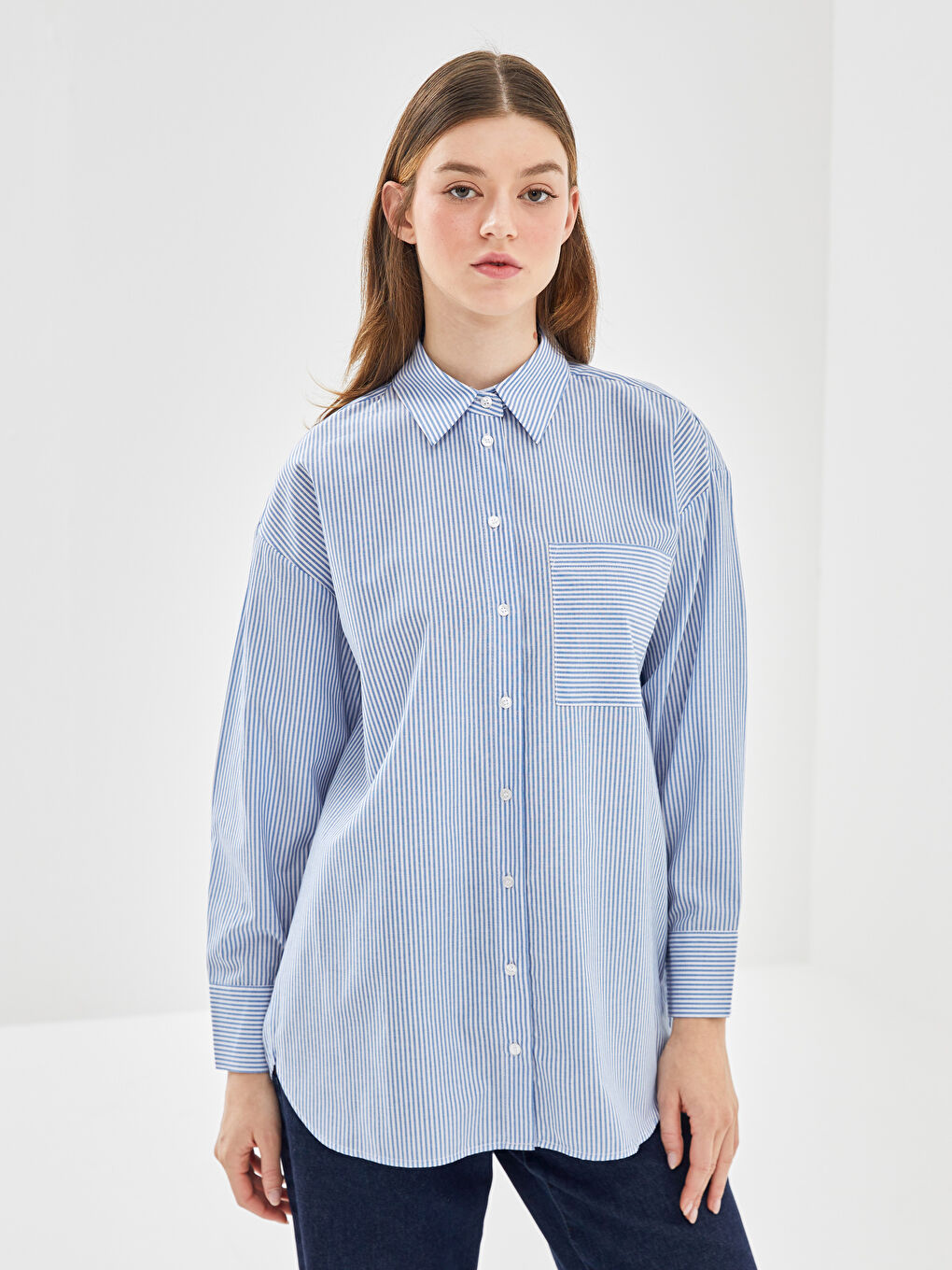 LCW Modest Mavi Çizgili Oversize Kadın Gömlek Tunik