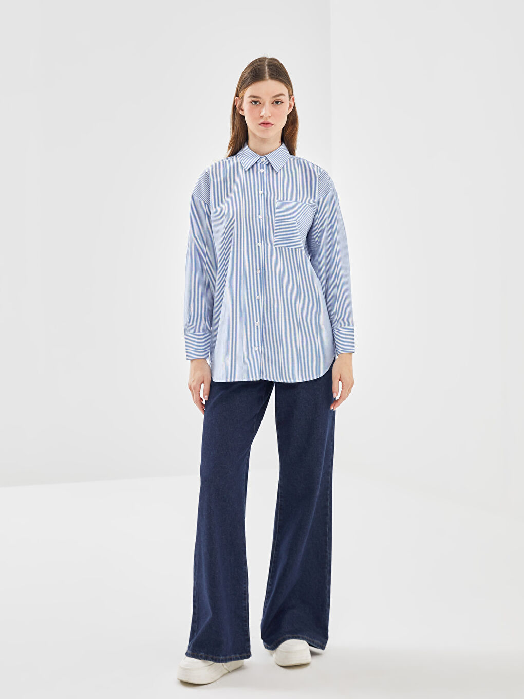 LCW Modest Mavi Çizgili Oversize Kadın Gömlek Tunik - 1