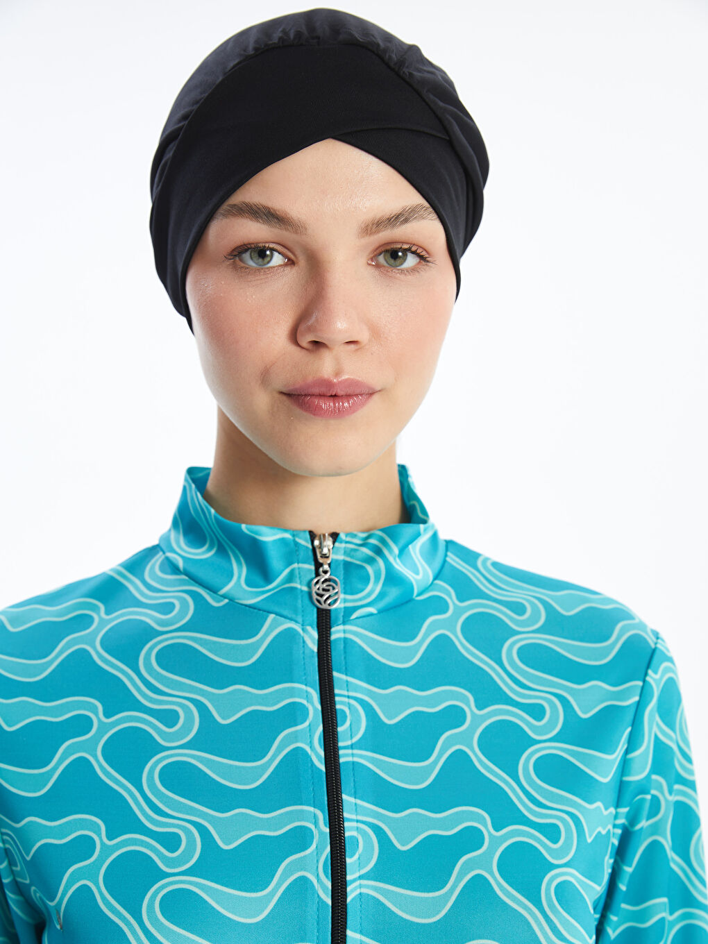 Mavi Dik Yaka Desenli Kadın Tesettür Mayo Takımı-1