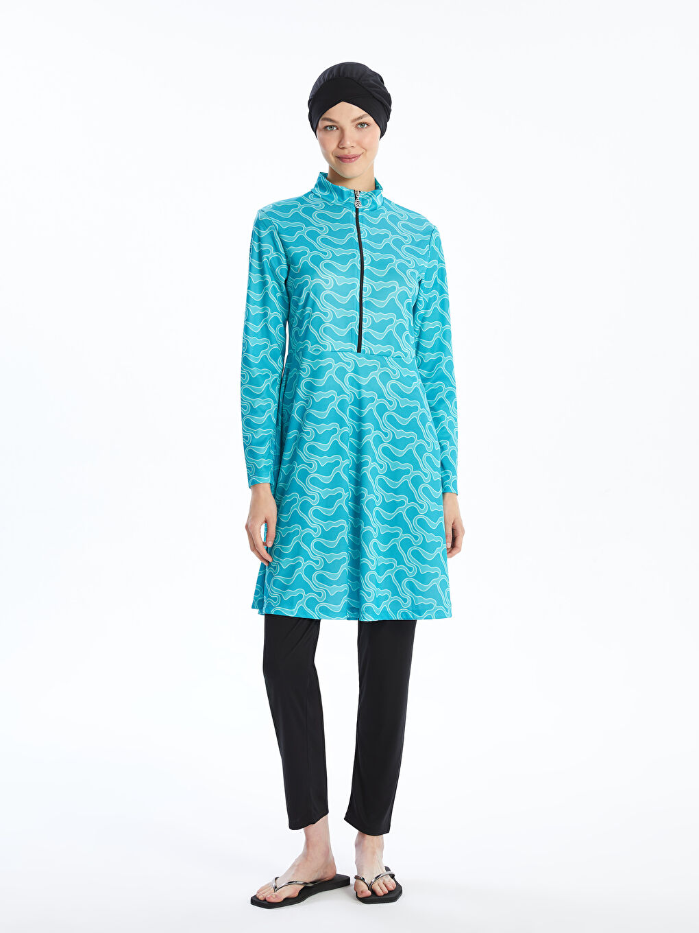 Mavi Dik Yaka Desenli Kadın Tesettür Mayo Takımı-2