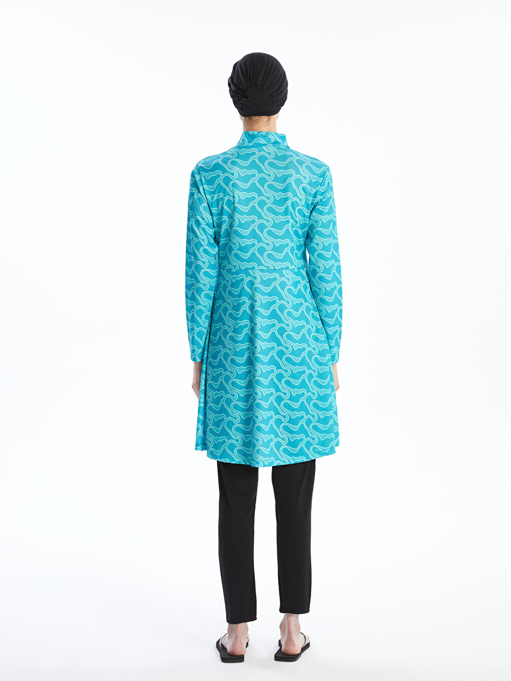 Mavi Dik Yaka Desenli Kadın Tesettür Mayo Takımı-3