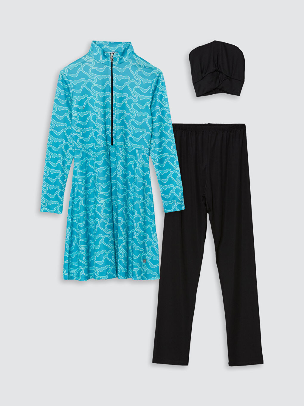 Mavi Dik Yaka Desenli Kadın Tesettür Mayo Takımı-4