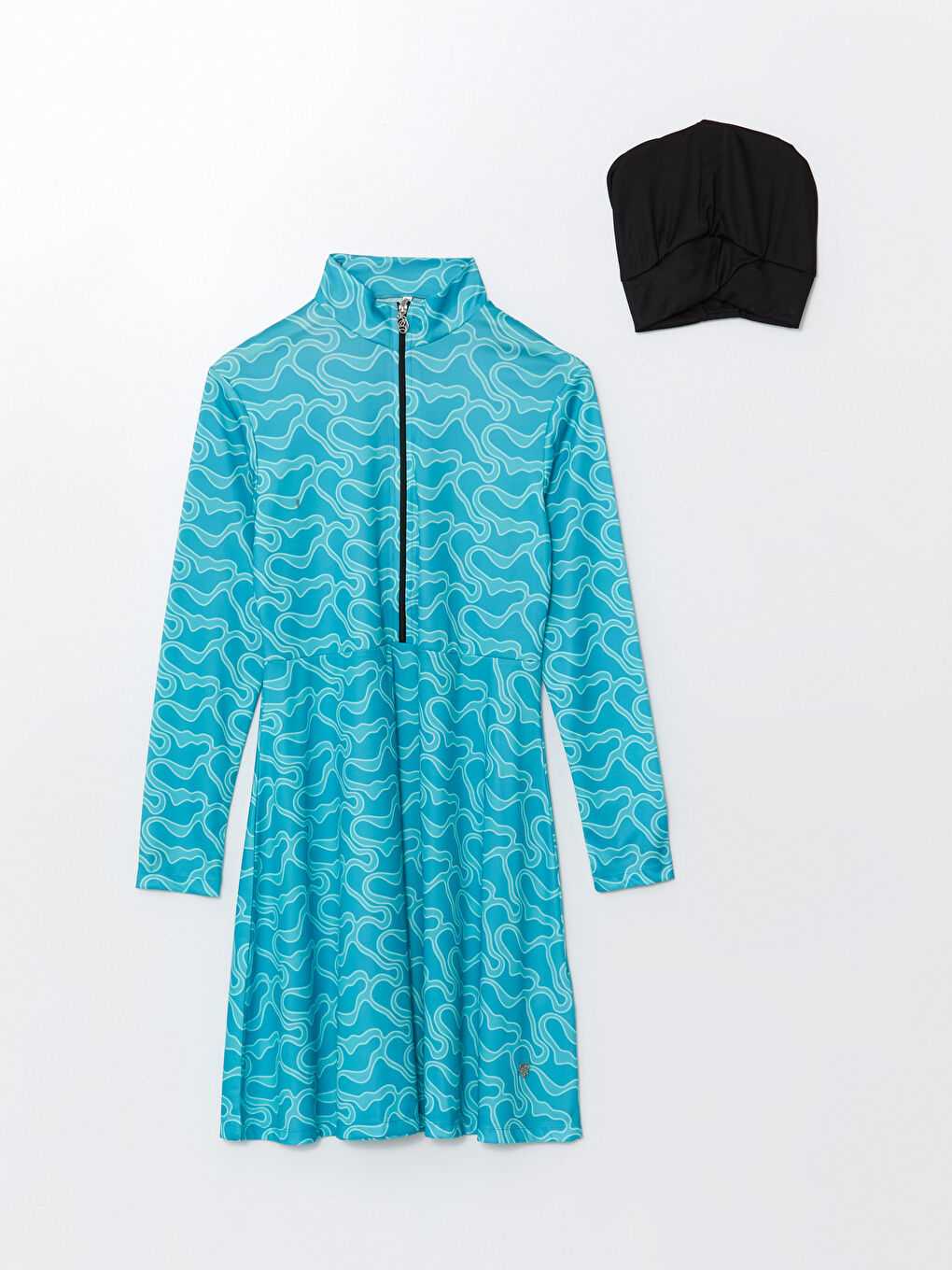 Mavi Dik Yaka Desenli Kadın Tesettür Mayo Takımı-5