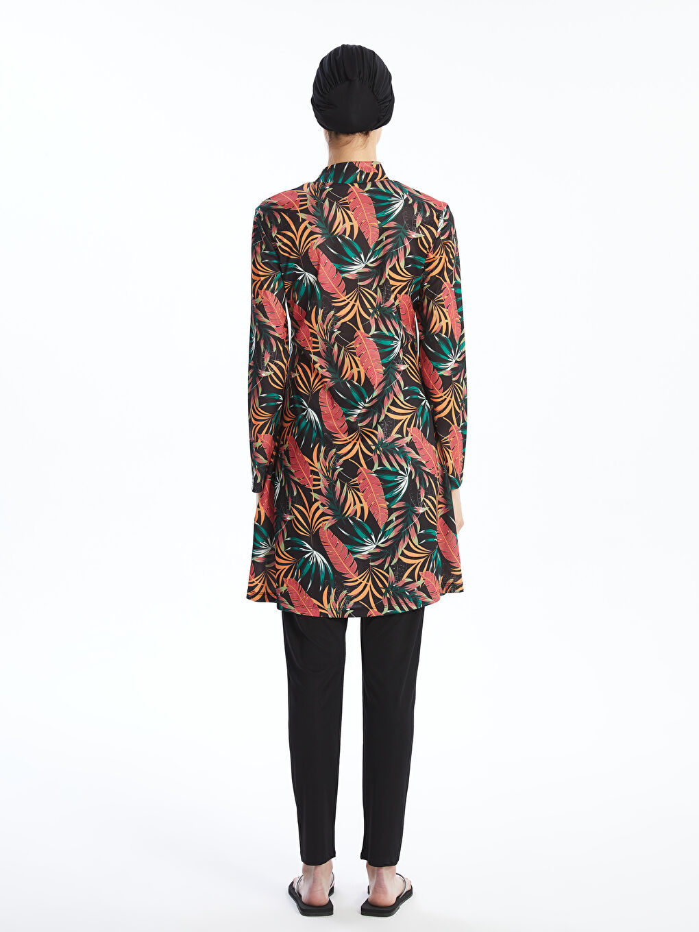 Mercan Dik Yaka Desenli Kadın Tesettür Mayo Takımı-2