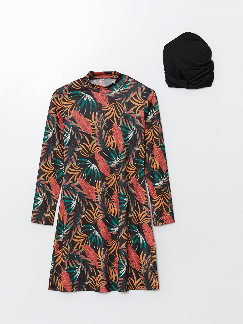 Mercan Dik Yaka Desenli Kadın Tesettür Mayo Takımı-4