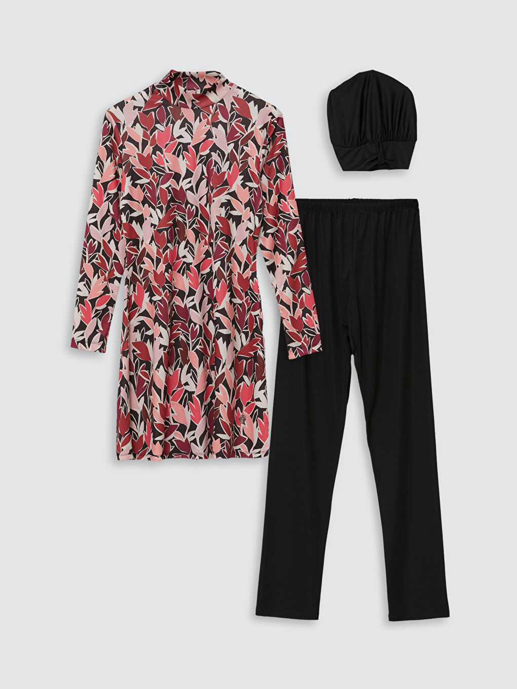 Pembe Dik Yaka Desenli Kadın Tesettür Mayo Takımı-4